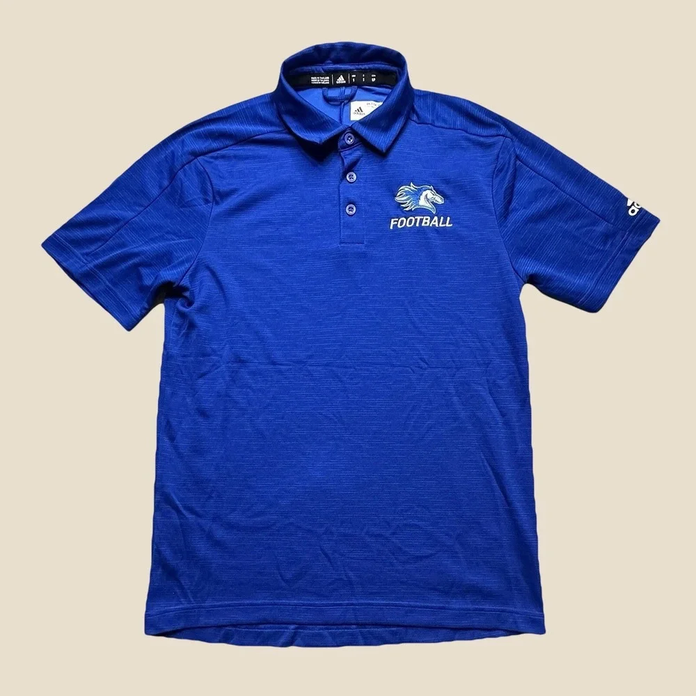 Adidas Polo Shirt Mens Small Blue Football Horse Logo Short Sleeve Athletic